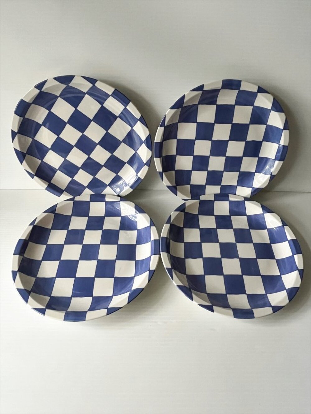 WBACH Japan Blue White Checkered Stoneware Dinner Plates Set 4 Vintage